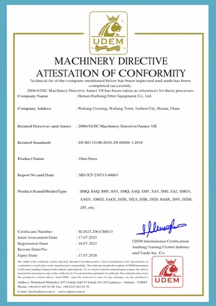 Machinery Directive Attestation of Conformity shown in the Dazhang materials