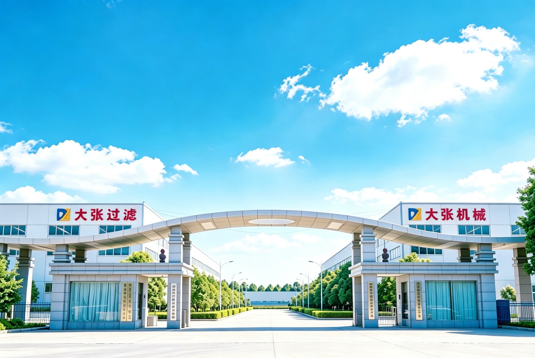 厂区入口示意图，左侧为大张过滤，右侧为大张机械