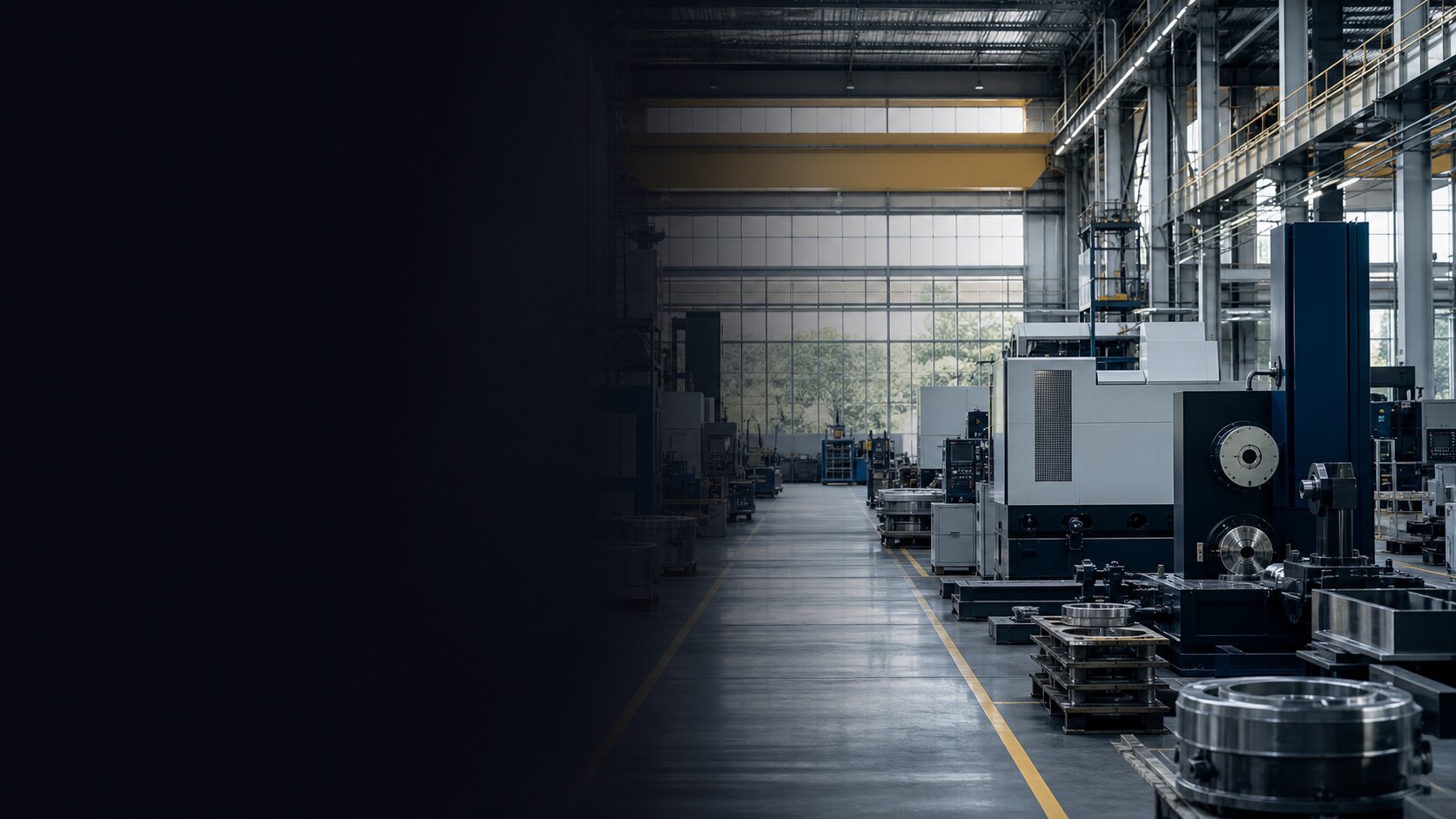Modern industrial manufacturing facility with precision machining lines