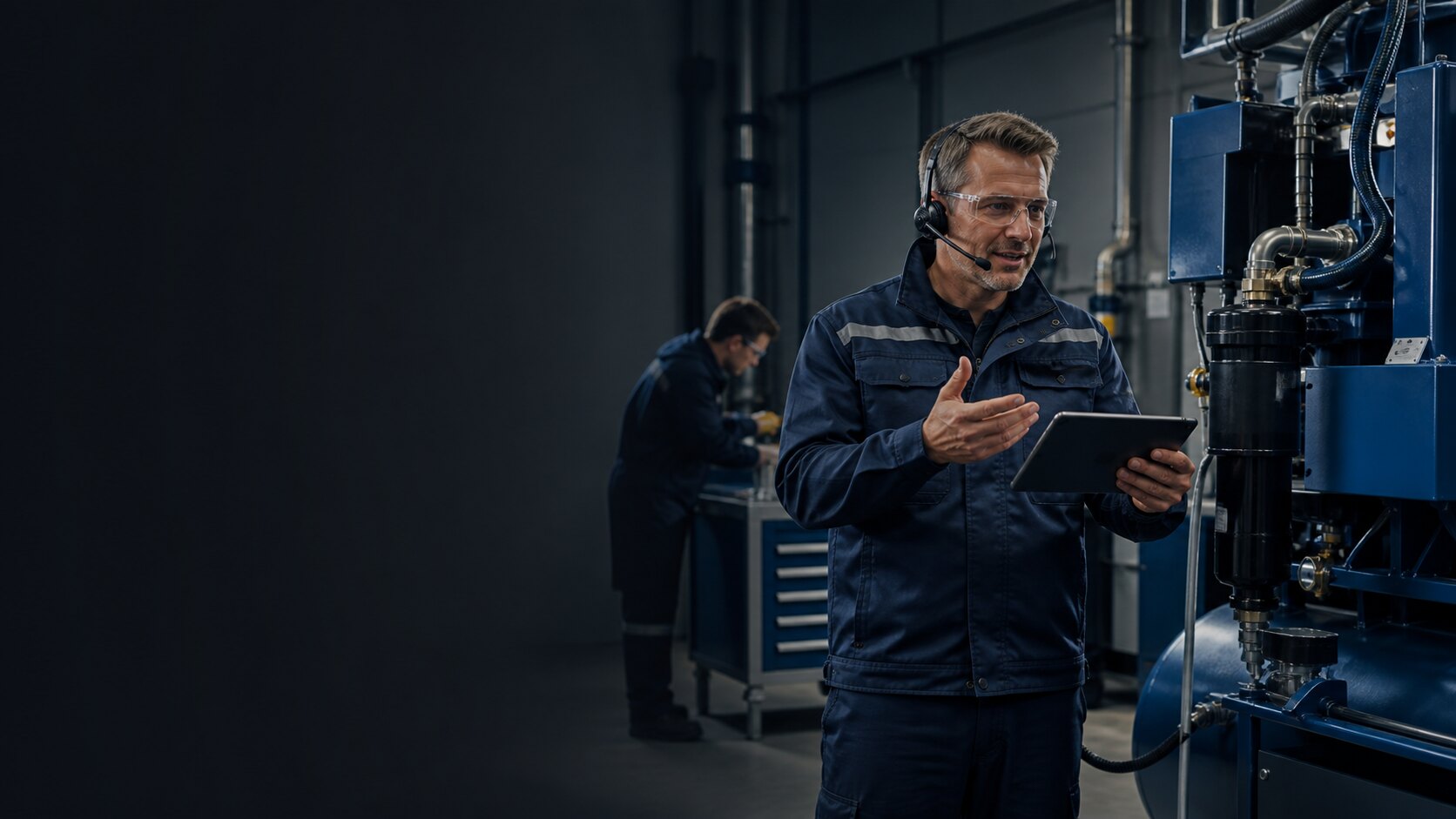Industrial applications engineer providing technical support beside equipment
