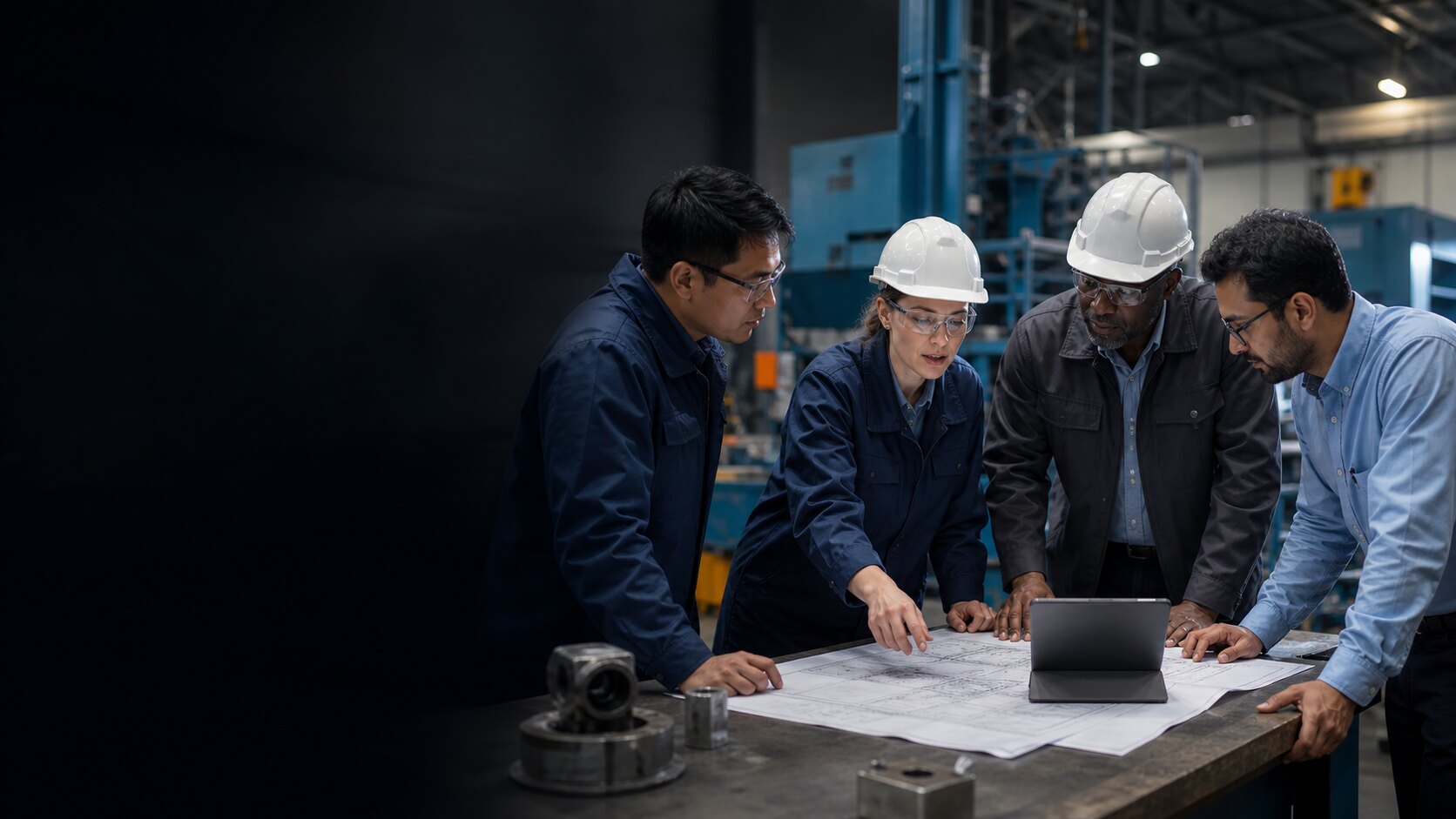 International engineering team reviewing industrial project plans in a factory