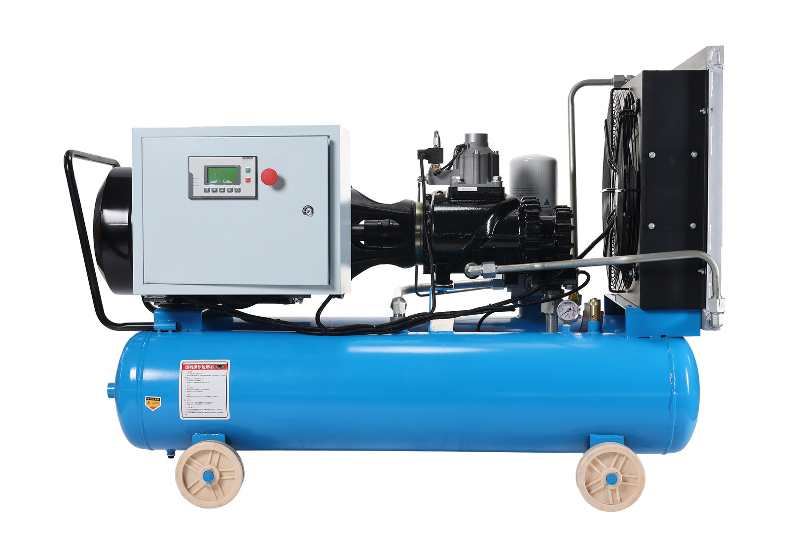 Blue Dazhang mobile PM VFD screw air compressor, enclosed view